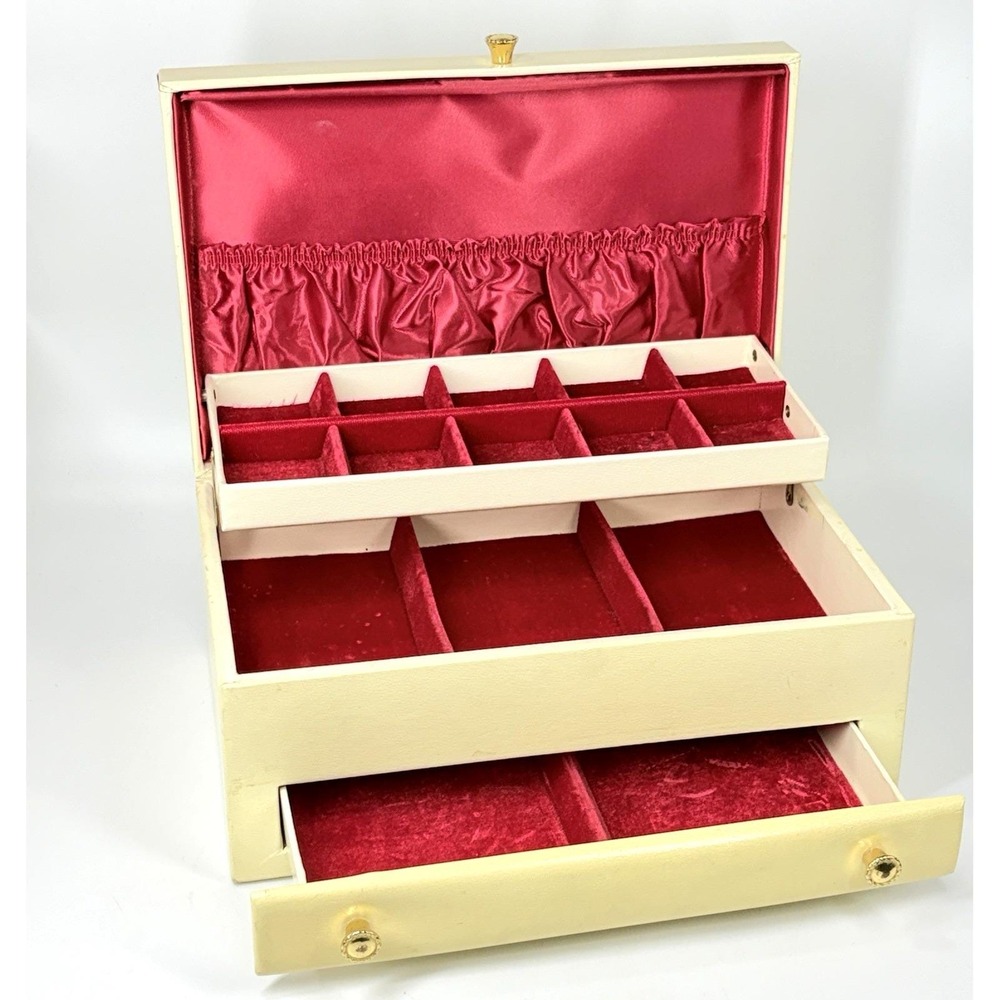 Vintage Jewelry Box Ivory Gold 3 Tier w/ Drawer Red Velvet Satin Lining 12x8